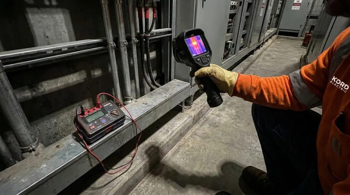 Technician testing industrial motor controls as part of preventive maintenance