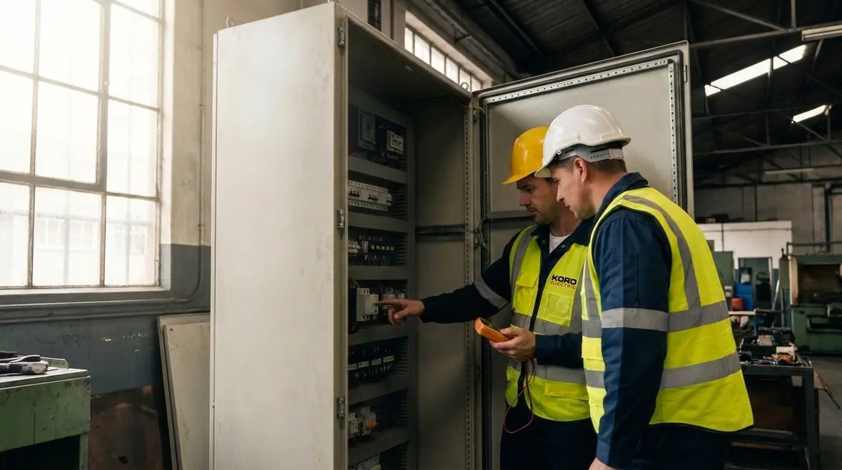 Industrial electrician performing preventive maintenance on commercial electrical panels