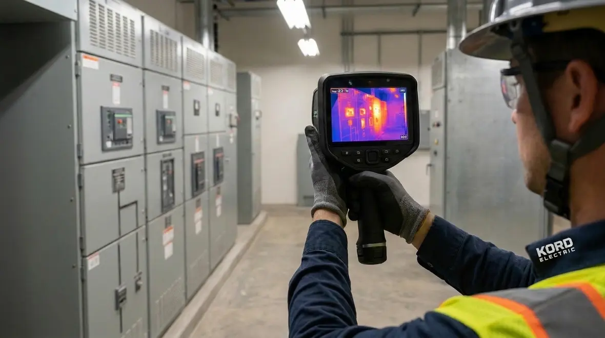 Technician following an industrial electrical maintenance workflow on live plant equipment