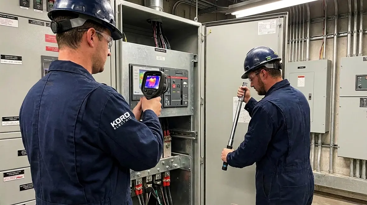 Technician performing an in-depth industrial switchgear inspection