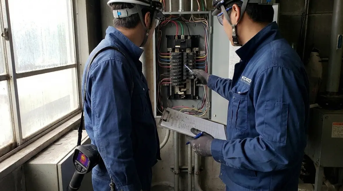 Technician documenting infrared electrical inspection results for commercial panels