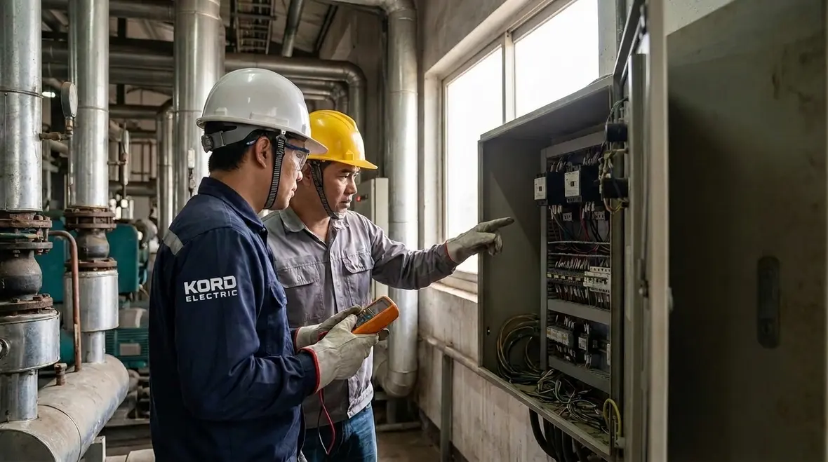Technician using a manufacturing electrical inspection checklist in an industrial facility