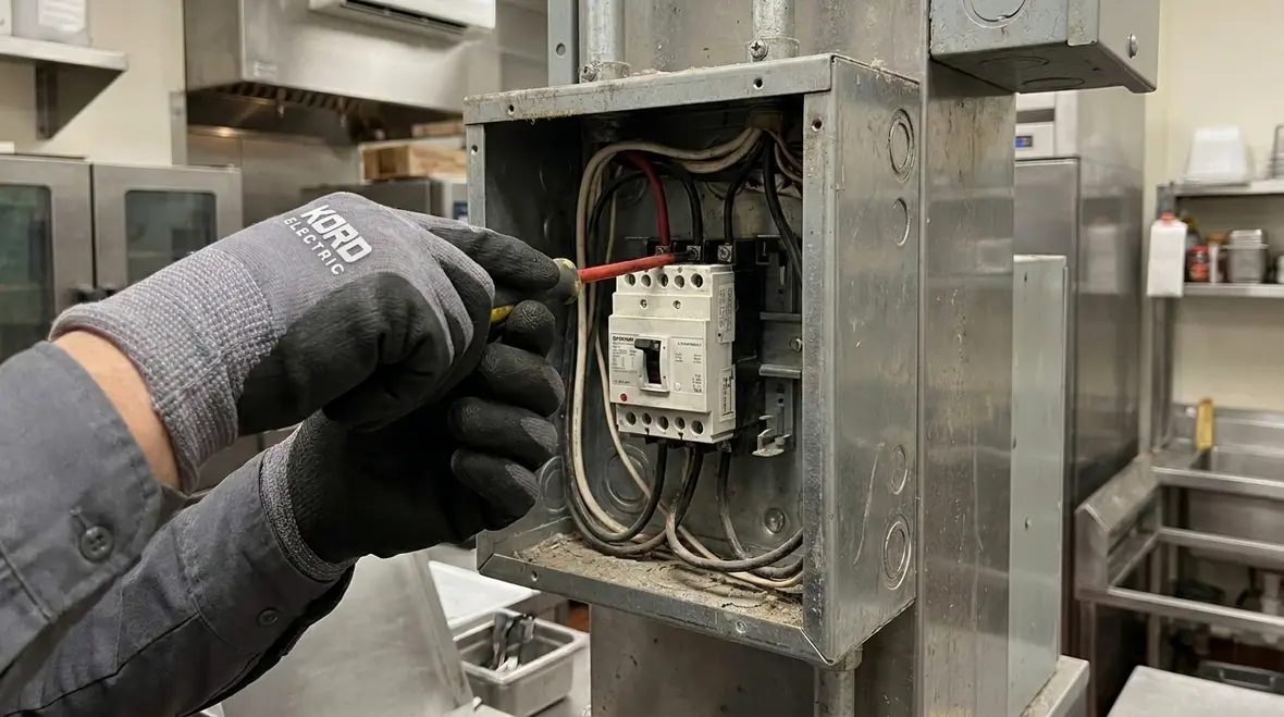 Restaurant manager reviewing a kitchen electrical panel checklist