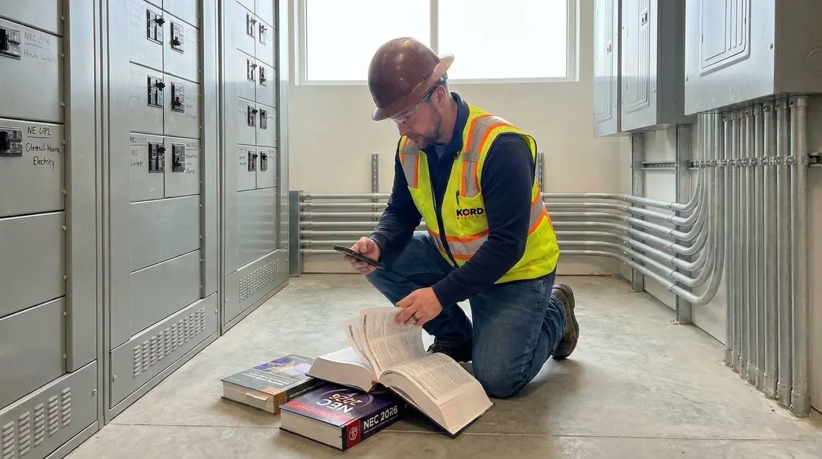 Technician reviewing commercial electrical plans for NEC 2026 updates