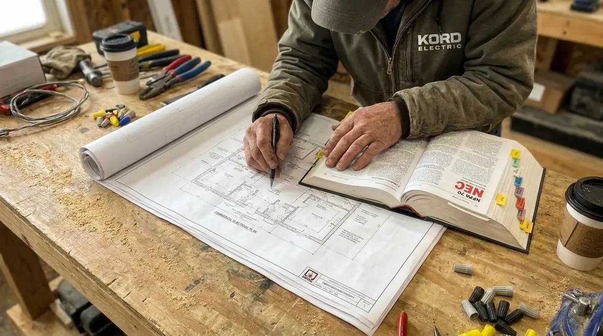 Commercial electricians reviewing NEC requirements for a new installation