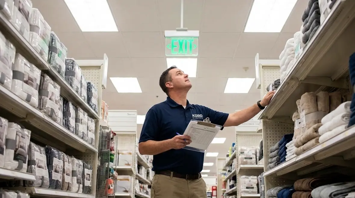 Retail staff completing daily electrical fire prevention checklist in California store