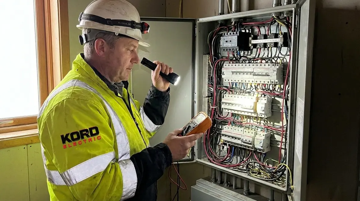 Technician reviewing retail store electrical panels for fire prevention in California