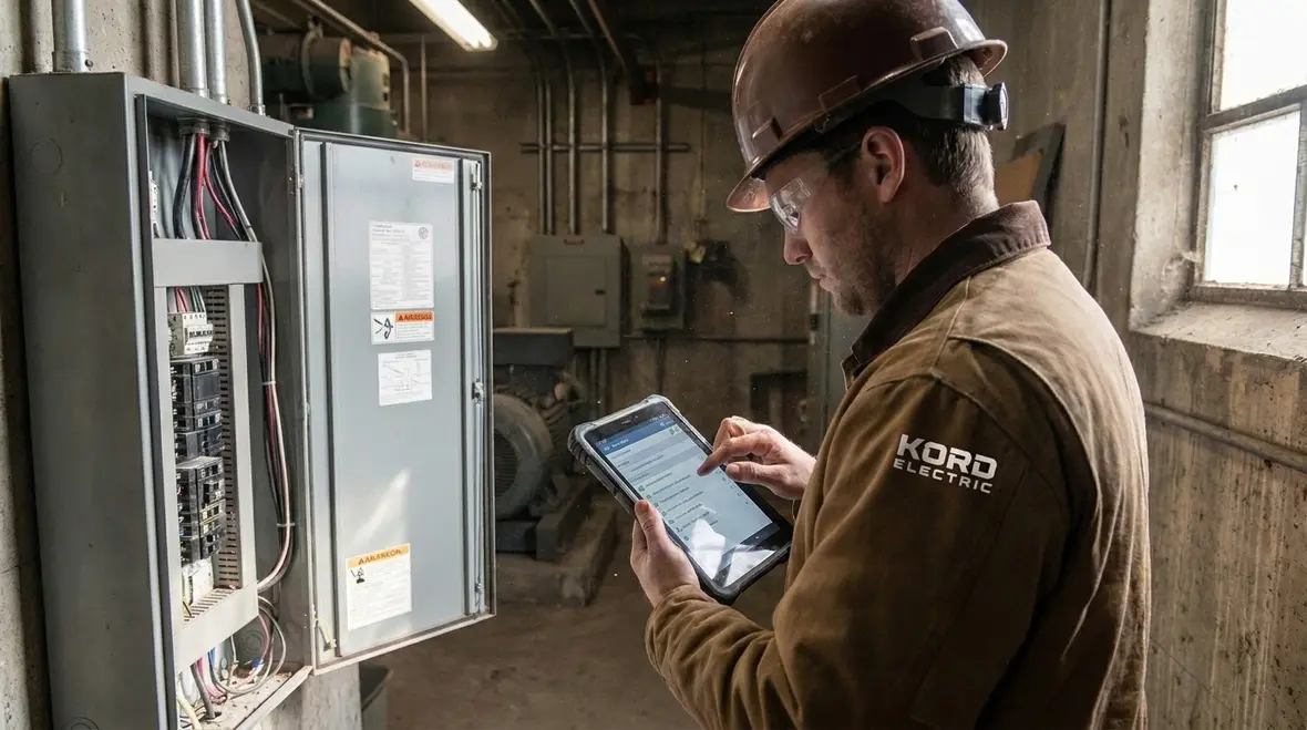 Close-up of commercial electrical panel being inspected for overheating risks