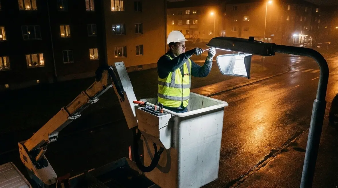 Technicians planning a parking lot lighting layout for a Los Angeles commercial property