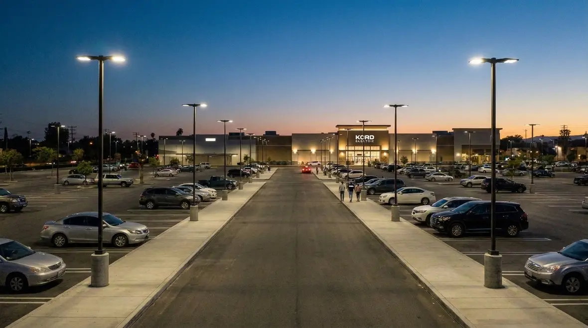 Commercial parking lot lighting layout in Los Angeles at night
