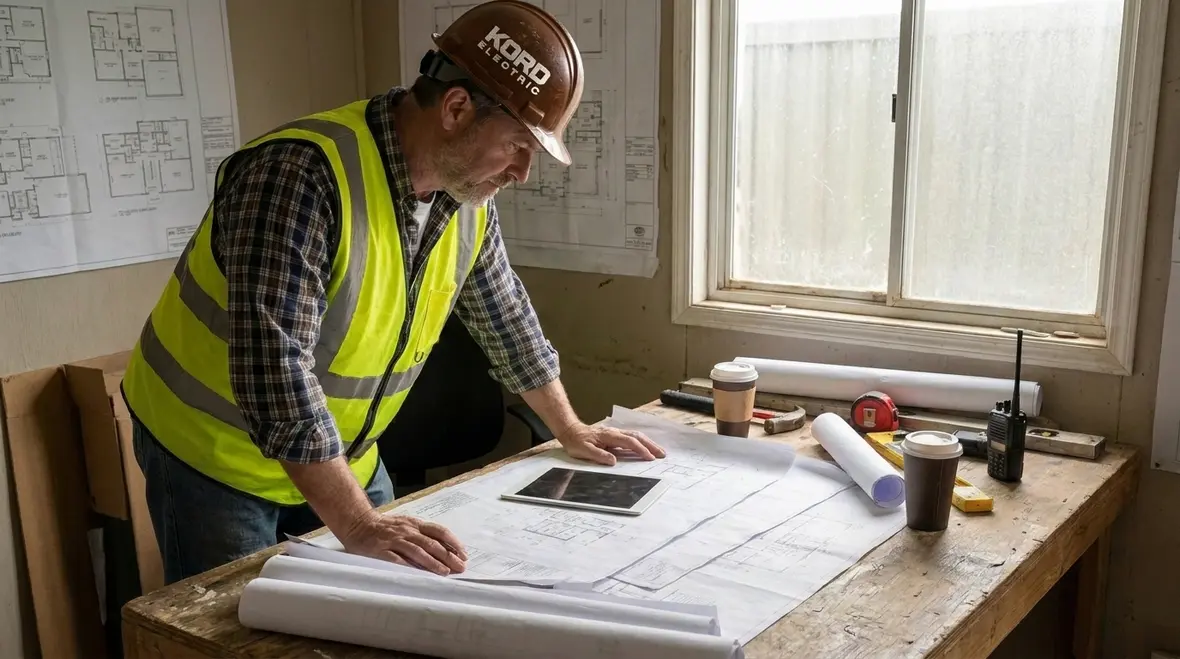 Electricians reviewing an electrical safety plan for a new commercial building