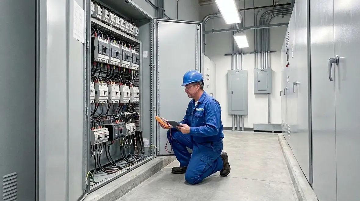 Electricians performing preventive electrical maintenance in a commercial building to avoid downtime