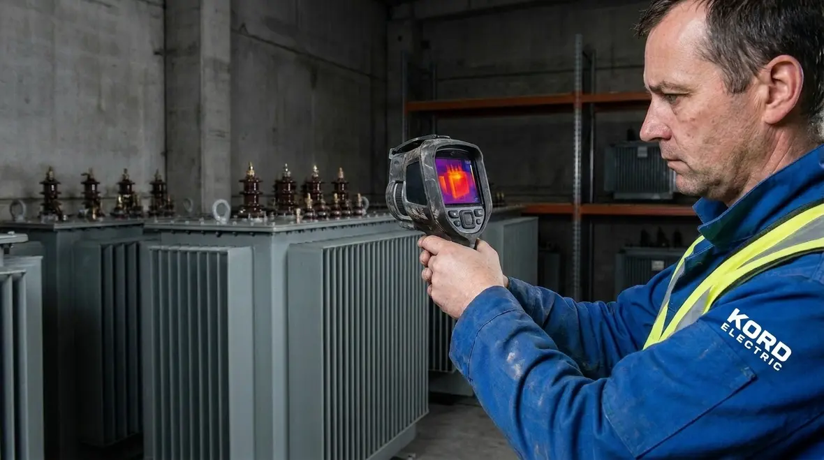 Technician inspecting commercial electrical panels during a preventive maintenance visit