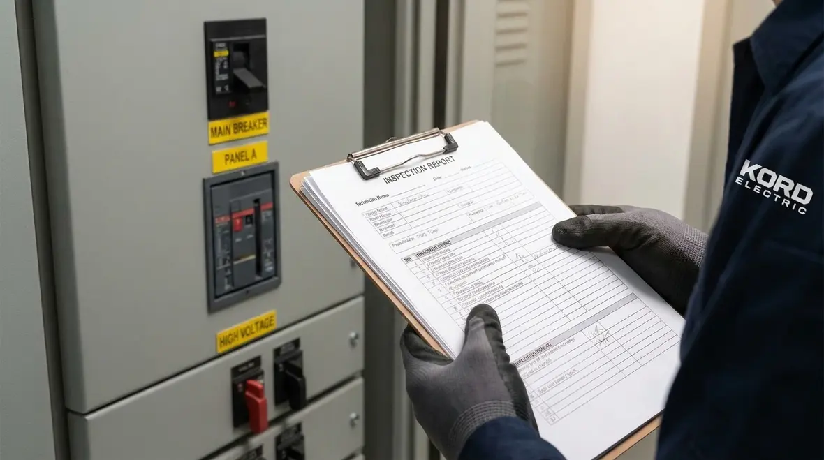 Electrical compliance records and inspection reports organized for a commercial facility