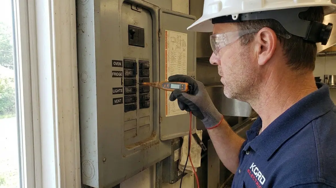 Technician documenting restaurant electrical fire safety inspection
