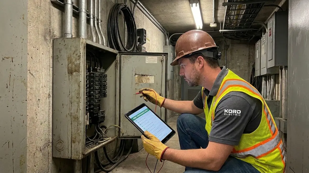Technician inspecting commercial electrical distribution equipment