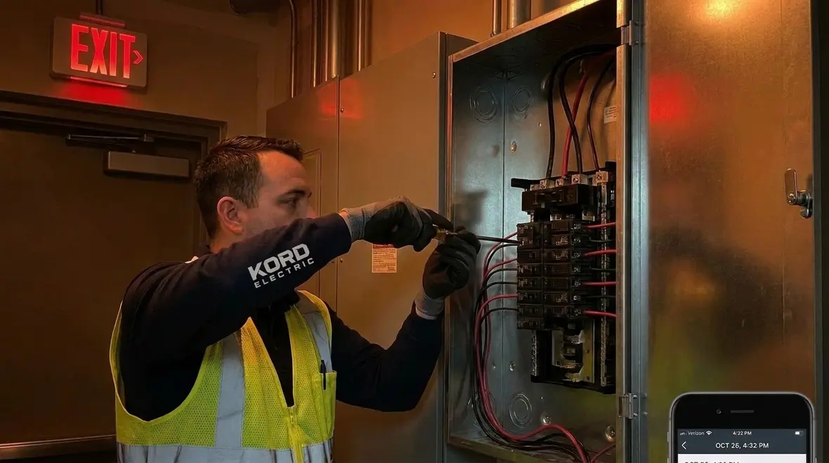 Technician checking grounding and power quality for a clinic