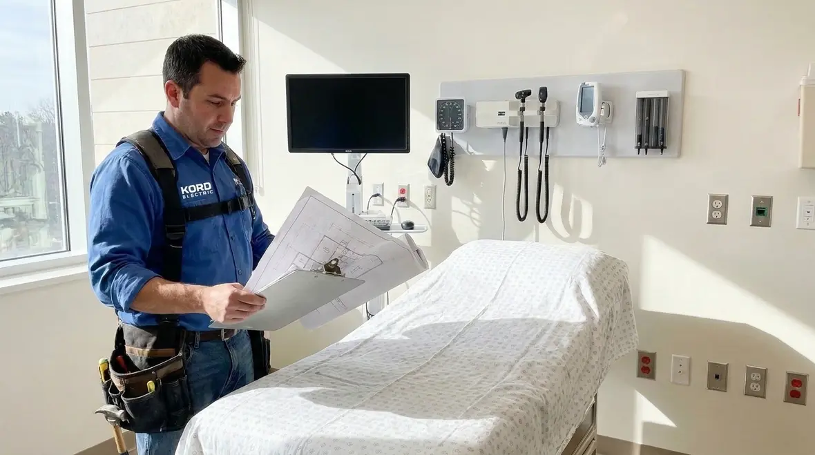 Medical exam room circuits and outlets laid out for staff workflow