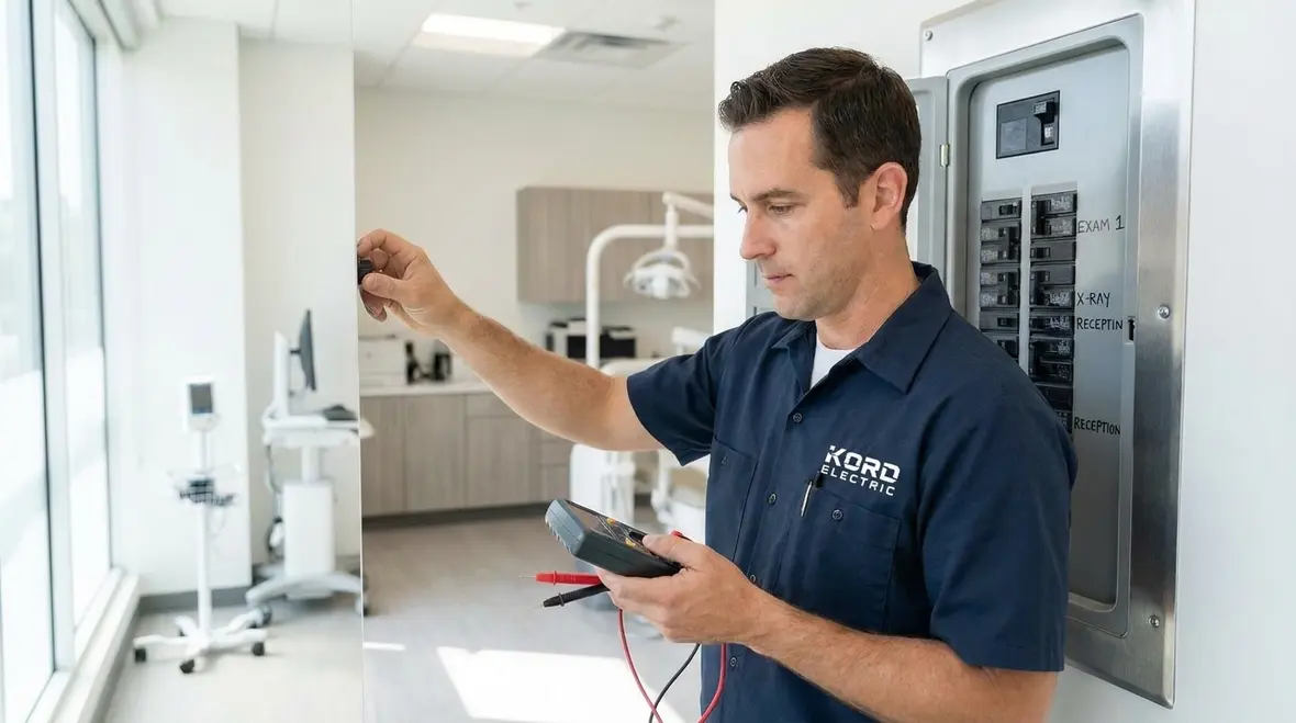 Medical office exam room with compliant electrical and lighting systems