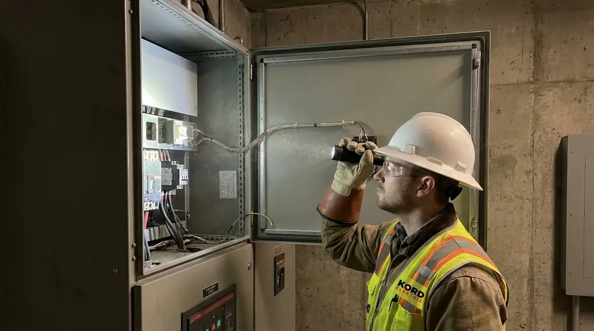 Technician reviewing an office electrical maintenance checklist in a California commercial building
