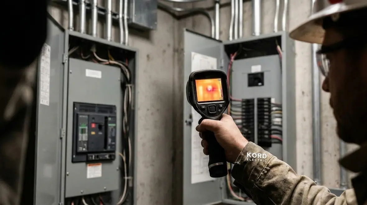 Office electrical panels being inspected as part of a California preventive maintenance visit