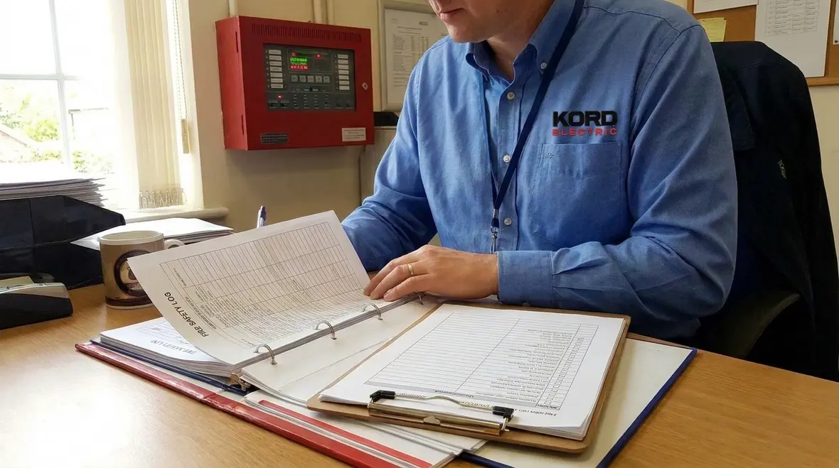 Technician inspecting school electrical equipment for common fire safety issues