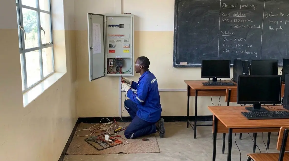 Electrician reviewing a school electrical maintenance checklist in a panel room