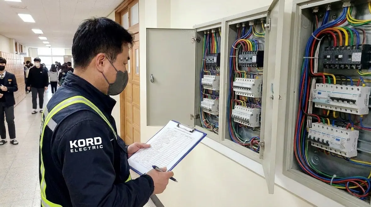Technician inspecting a school electrical panel and breakers