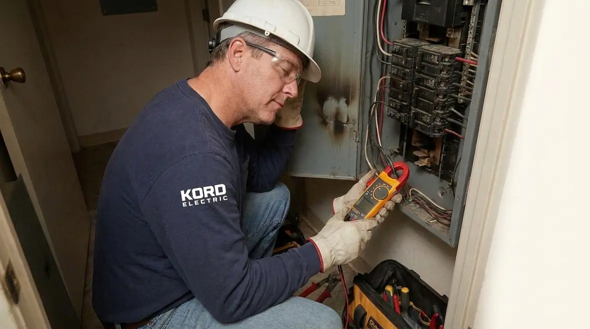 Closeup of discolored breakers showing heat damage in a commercial electrical panel
