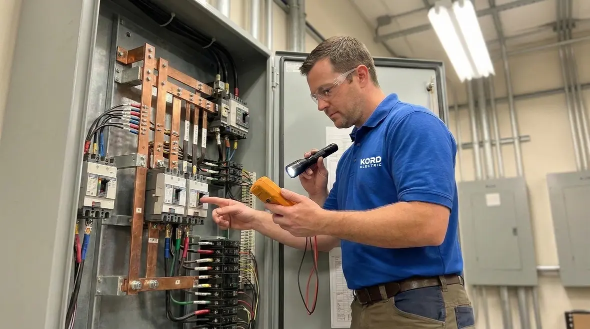 Commercial electrician examining a warm electrical panel for early failure clues