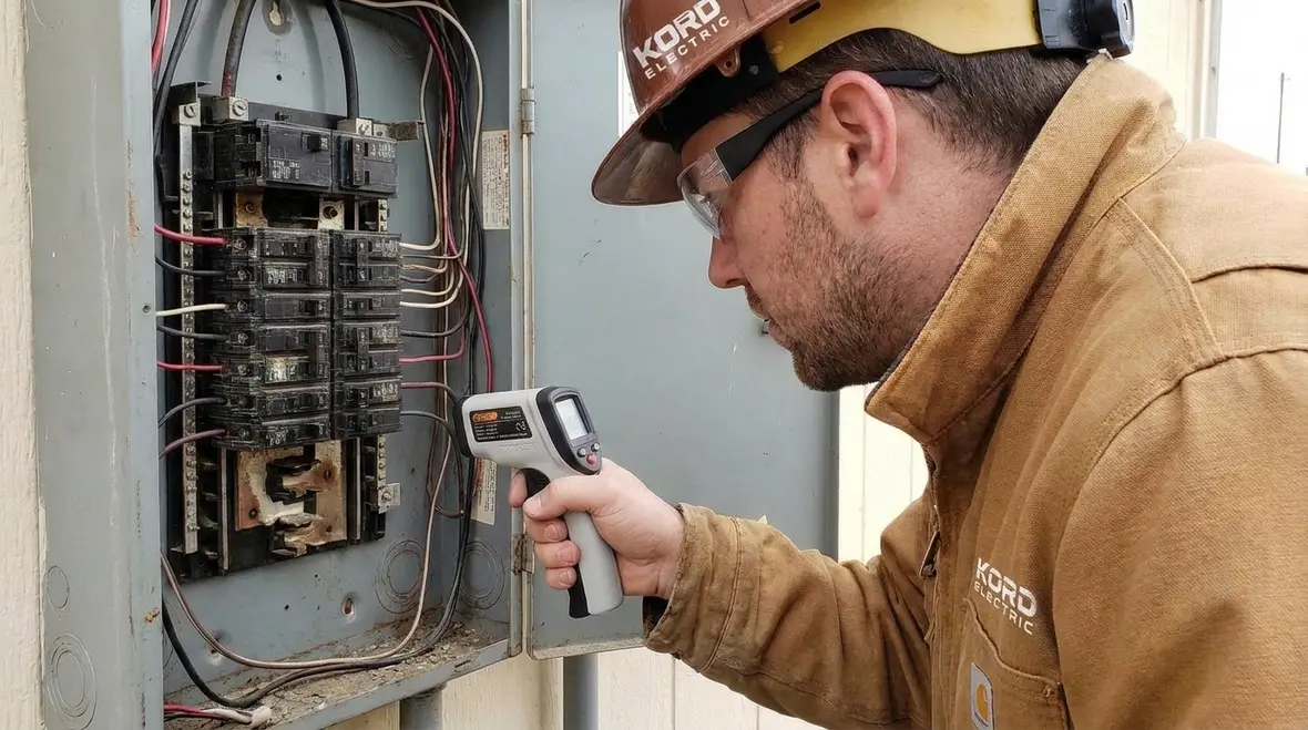 Commercial breaker panel showing visible signs of overheating and wear
