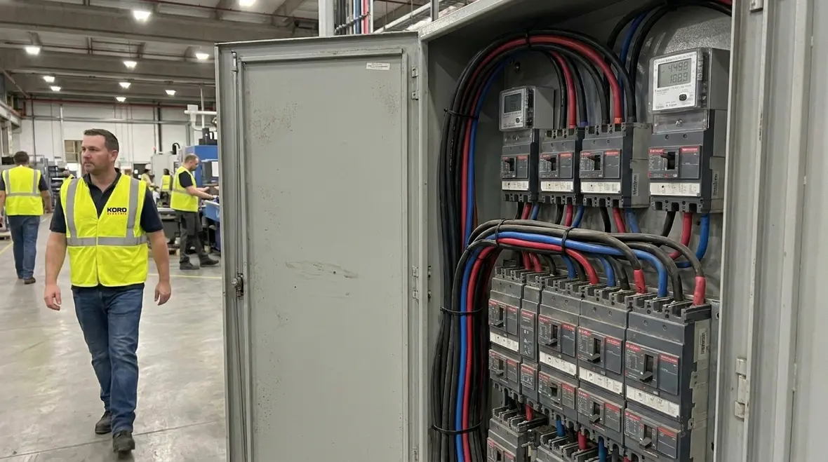 Technician inspecting a commercial electrical panel for upgrade warning signs