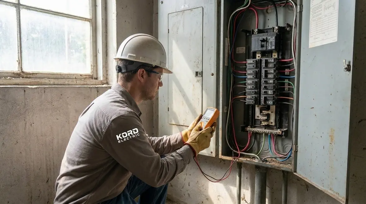 Electricians reviewing tenant improvement electrical requirements in a Los Angeles commercial building