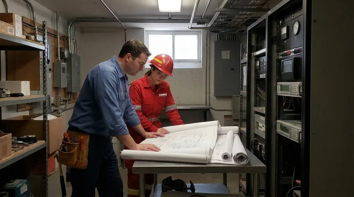 Fire protection technician coordinating with electrical team in Los Angeles County