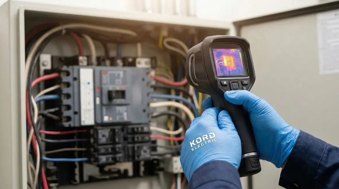 Technician performing electrical preventive maintenance in a commercial building