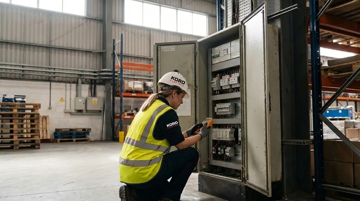 Technician performing warehouse electrical maintenance in California