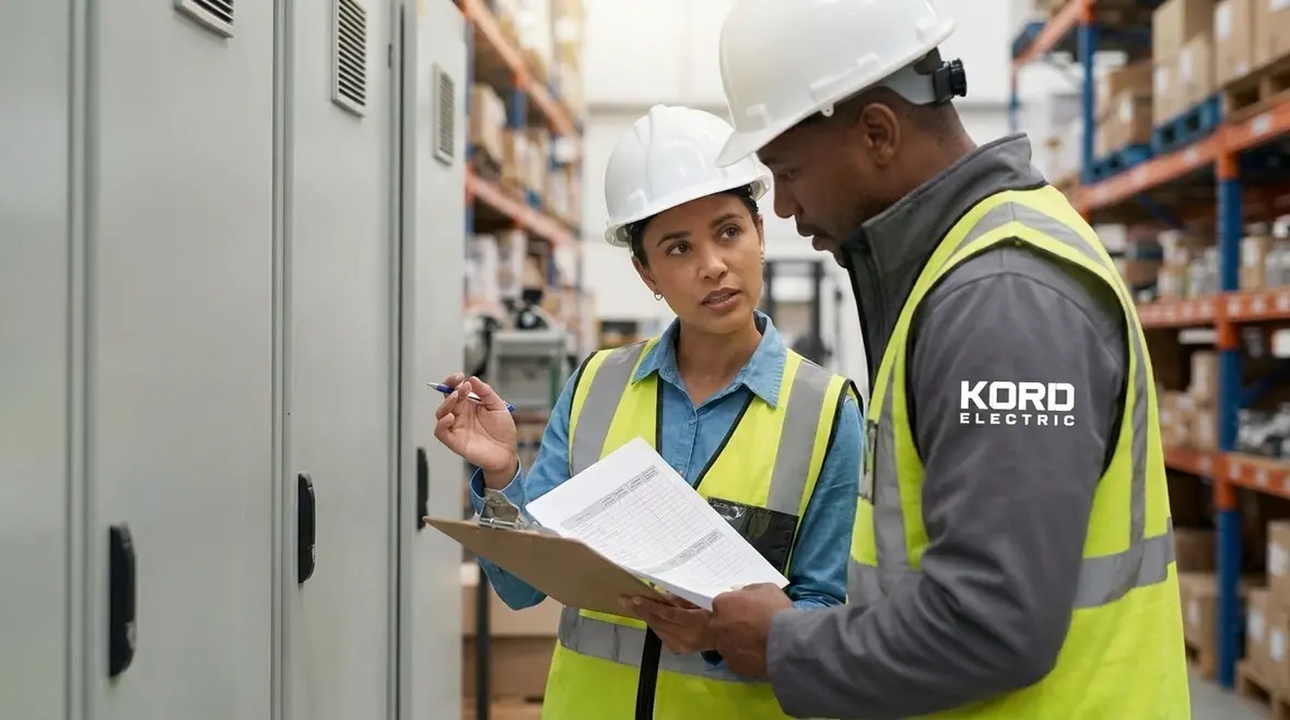 Preventive electrical maintenance being performed in a California warehouse