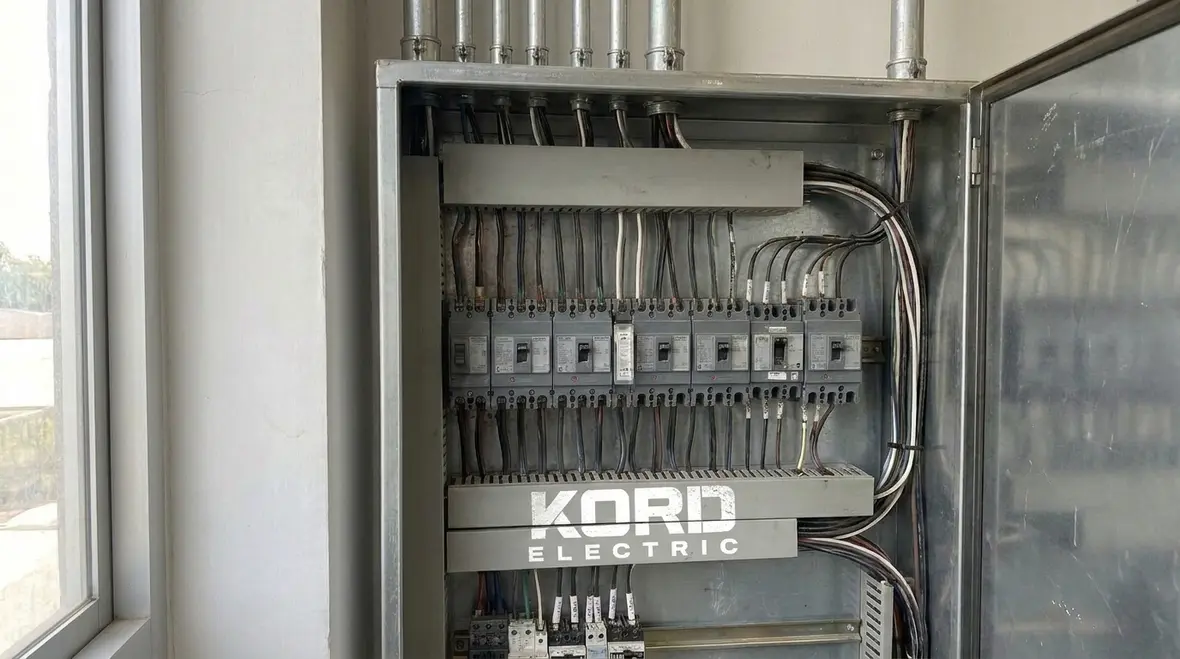 Warehouse electrical panels and conduits being inspected