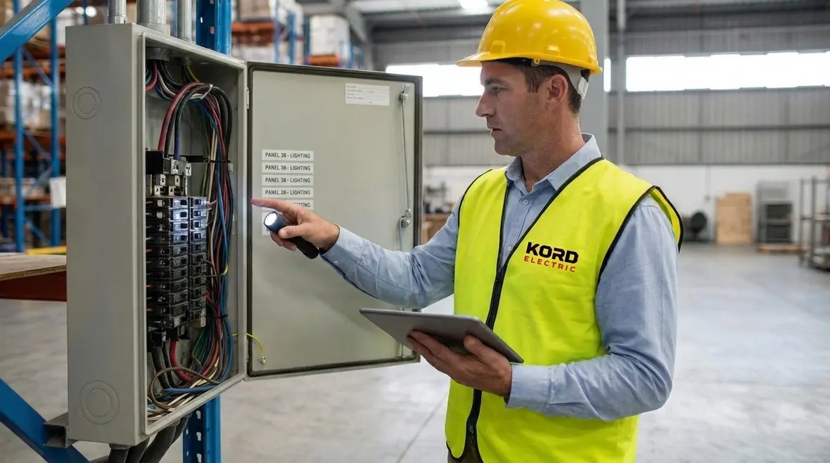 Warehouse electrician reviewing electrical safety checklist with facility manager