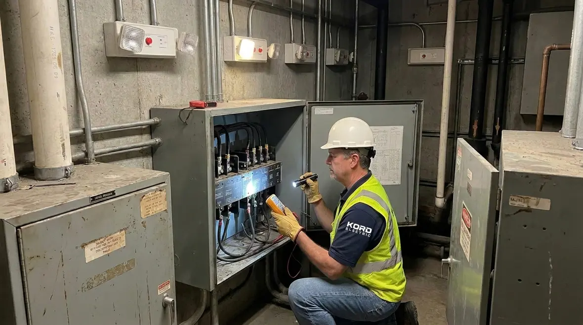 Technician inspecting commercial electrical panels and distribution in Los Angeles