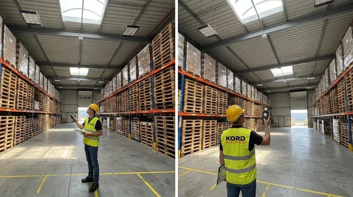 Technician assessing warehouse lighting requirements in a California facility