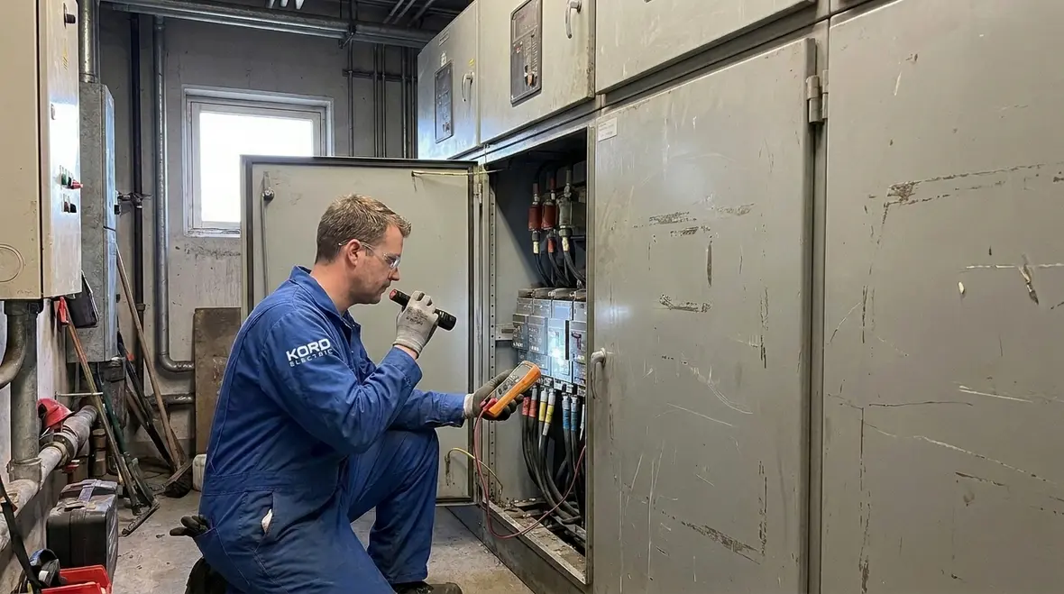 Technician inspecting commercial switchgear for wear and aging