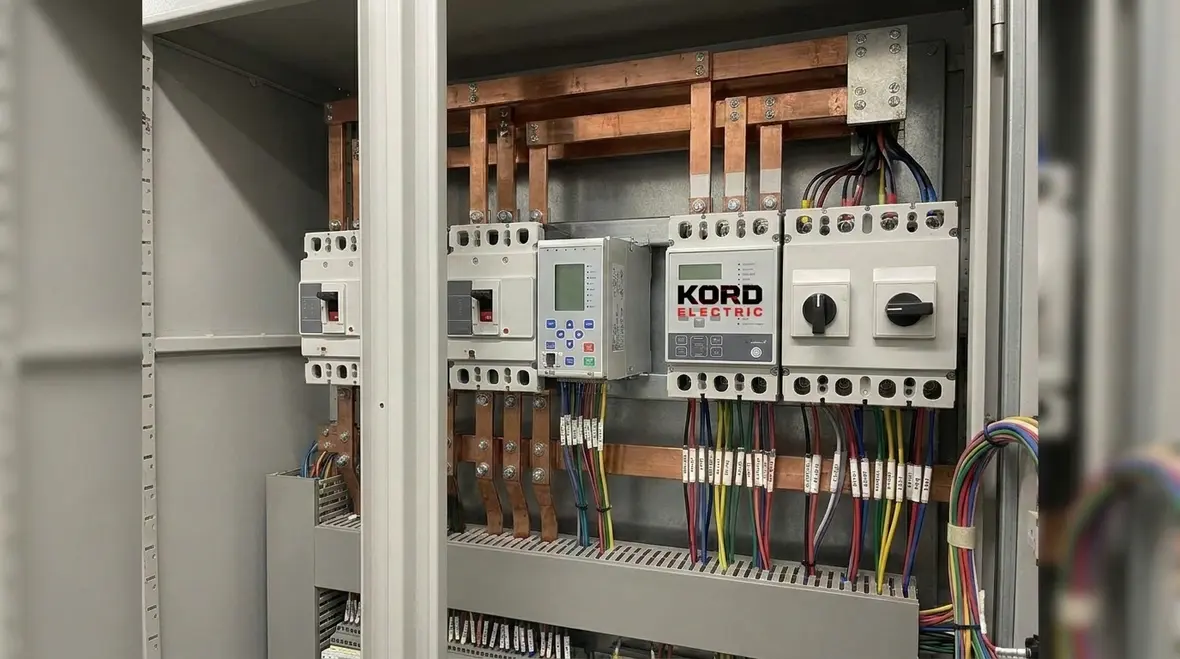 Interior components of commercial switchgear including breakers and busbars