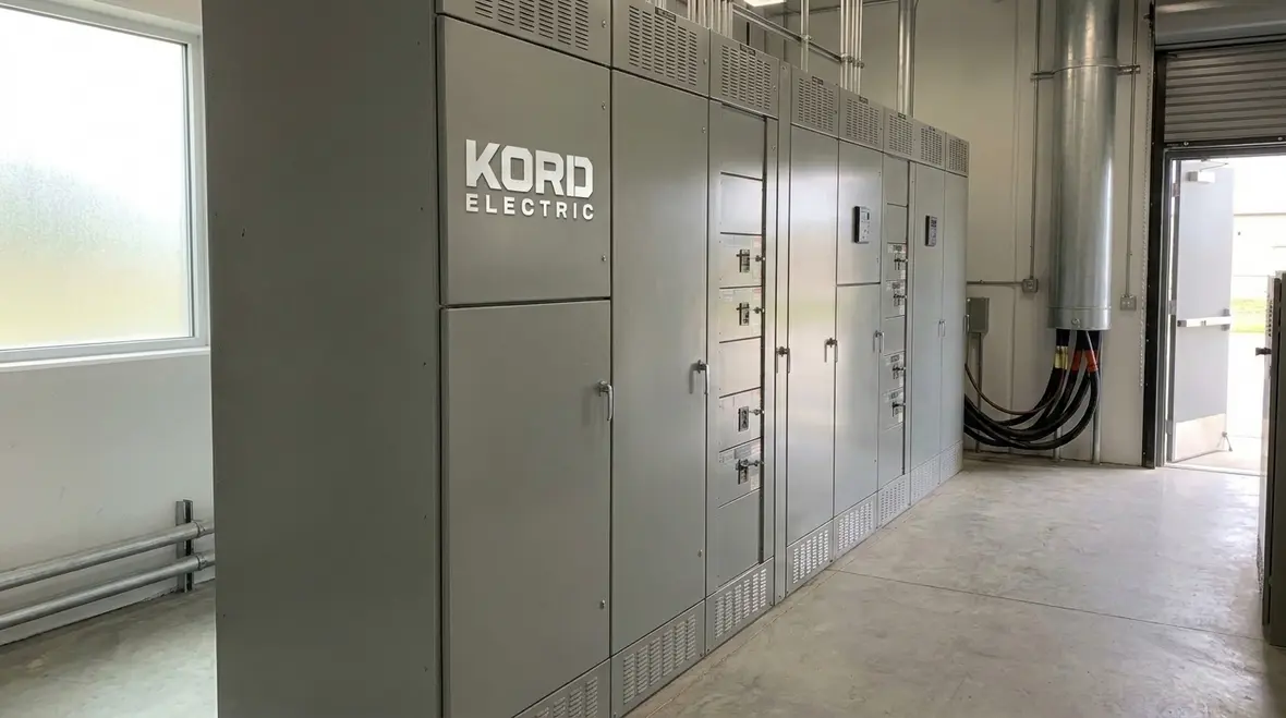 Commercial building electrical switchgear lineup in a dedicated electrical room