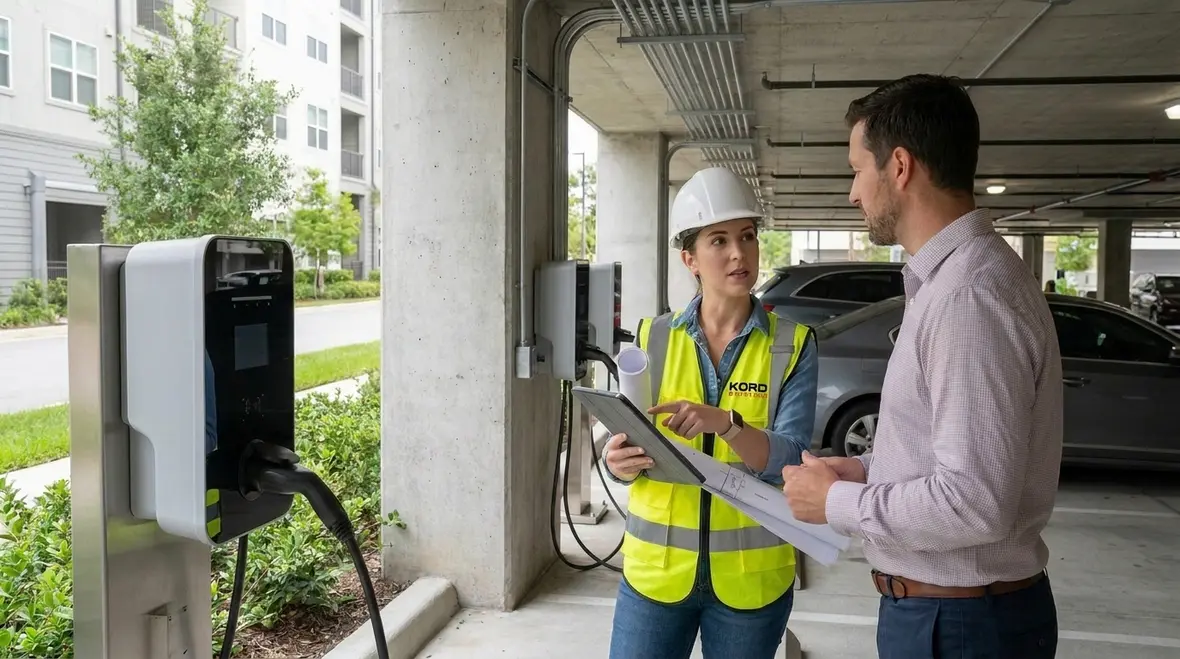 Apartment EV charging stations in a California multifamily parking garage