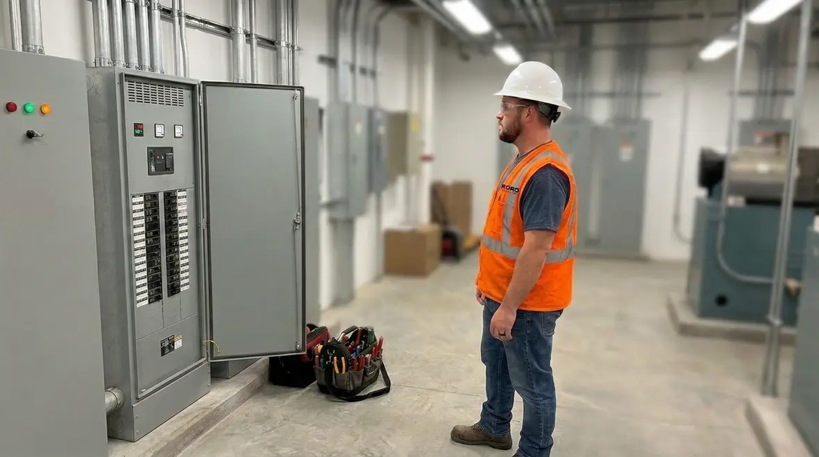 Technician verifying NEC 110.53 conductor working space clearance around electrical equipment