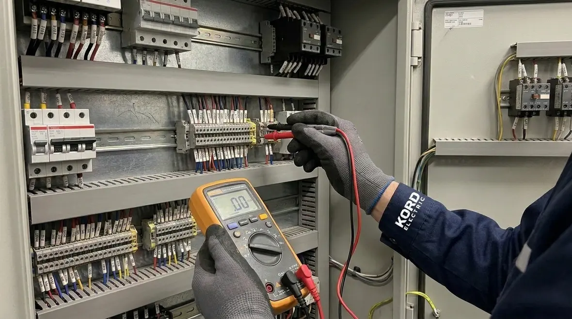 Kord Electric technician verifying NEC AC systems not grounded installation in the field