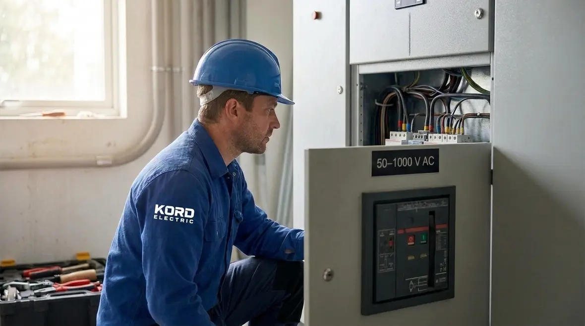 Technician reviewing NEC AC systems not grounded configuration at a commercial panel