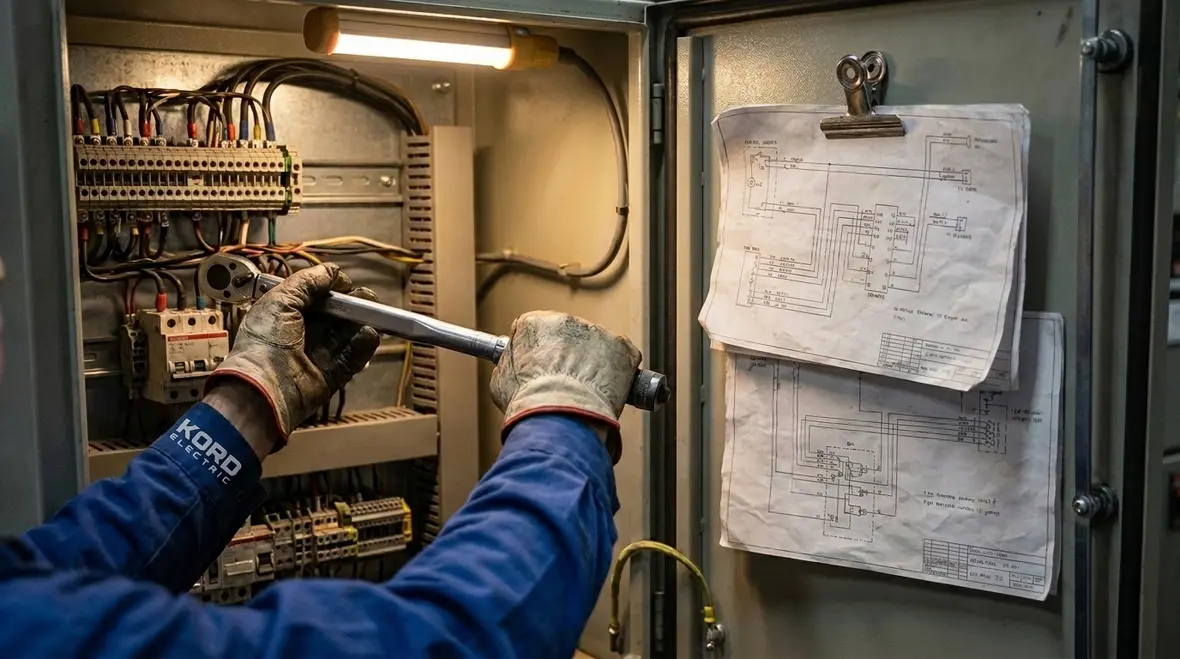 Commercial electrician reviewing NEC conductor insulation requirements on drawings