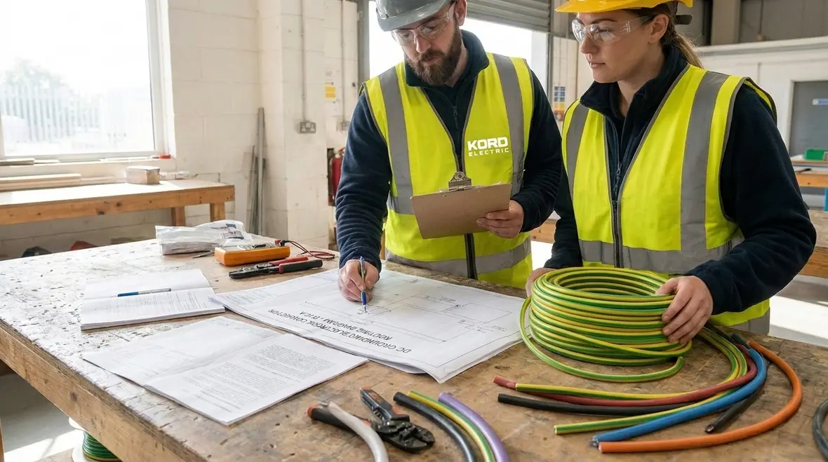 Electrician reviewing NEC DC GEC sizing for DC grounding electrode conductors